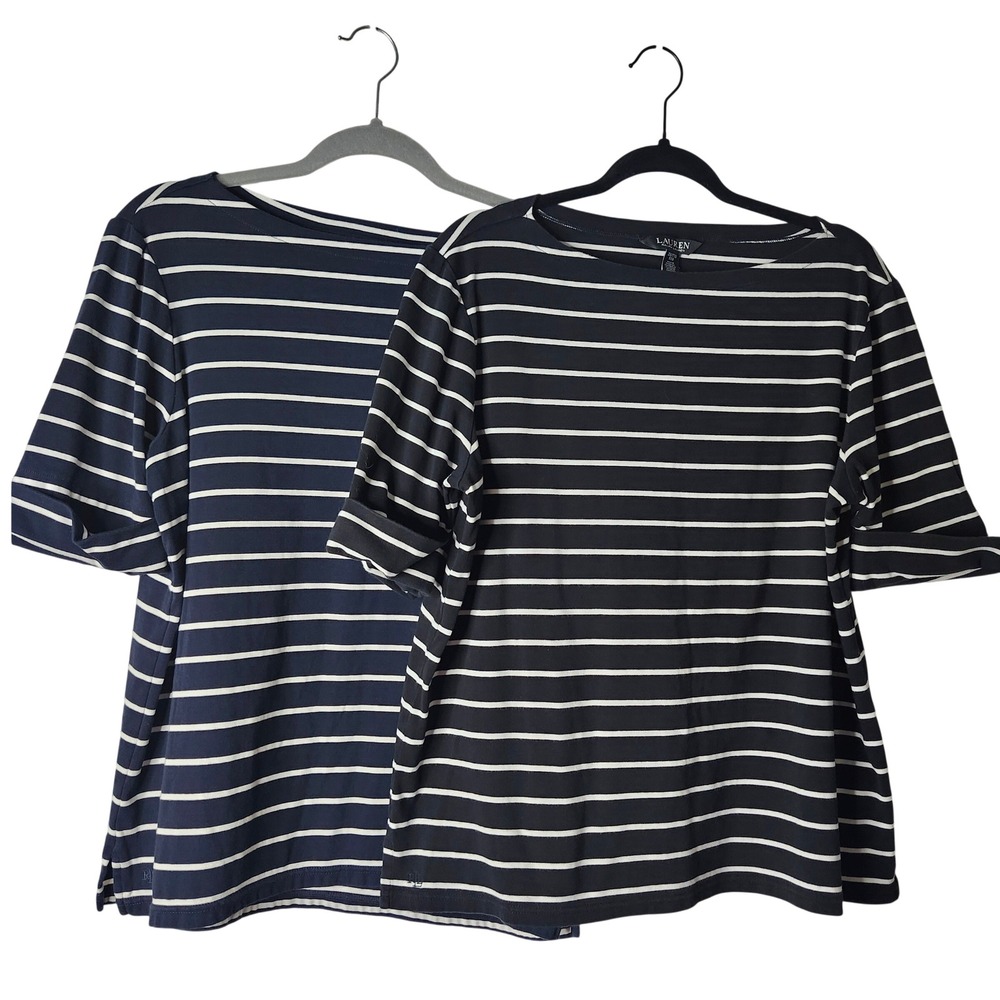Lauren Ralph Lauren Striped Boat Neck Knit Tops Set of 2 Navy Black 2X Plus
